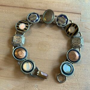 Copper black silver Vintage (80’s?) bracelet made from older enameled buttons